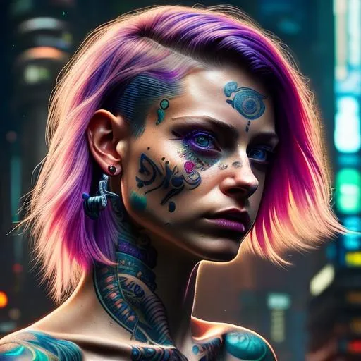 Prompt: ((best quality)), ((masterpiece)), ((realistic)), (detailed), woman, sfw, cyberpunk fashion, detailed background, bioluminescent tattoos, nose ring, long hair, Short pixie with straight hair and undercut, big blue eyes, (looking at viewer:1. 2), (high angle shot:1. 3), colorful tattoos, blue and pink hair, detailed background, in the night city, portrait, smiling, seductive look, night, close up face shot, soft lights, 8k, realistic, 105mm, bokeh, raytracing, focus face, splash page, tonemapping