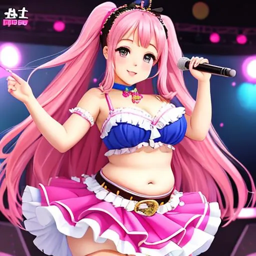 Prompt: Cute idol girl themed around cake performing on stage, fat belly, fat thighs, bare belly, frilly clothes, frilly skirt, long pink hair, outie navel, high quality midriff, high quality navel, very high quality, very detailed, trending on artstation, anime, belt, Full body character, UHD, 8K, masterpiece, high quality face, 