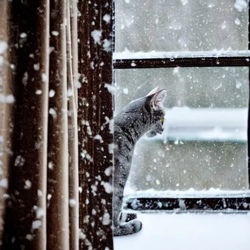 Prompt: grey cat looking out window into a snowy yard, ice hanging off of window sill