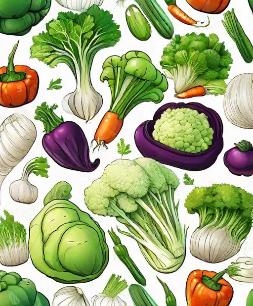 Prompt: vegetables, draw comic ,white background, good composition