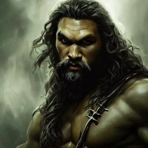 Prompt: Portrait painting of Jason Momoa as a half-orc barbarian. With grey-green skin tone and elf ears. by Greg Rutkowski and Craig Mullins, Dark atmospheric and cinematic lighting