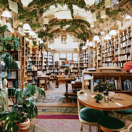 Prompt: Dreamy photo of a very very cozy bookstore cafe that is nestled into the lush PNW woods, lush plants and flowers, sleepy feeling, magical feeling, hazy, film grain, muted color palette, castles and temple details, ornaments, in the style of Gucci, photographed by Petra Collins and Wes Anderson, magic details, 8k, trending on artstation, very detailed