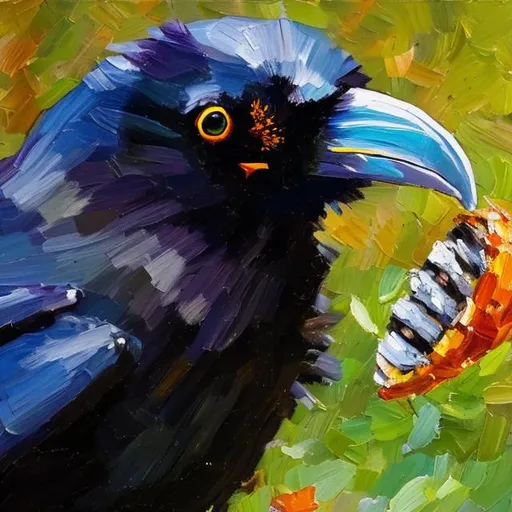 Prompt: An impressionist oil painting of a Raven eating a bright colored caterpillar 