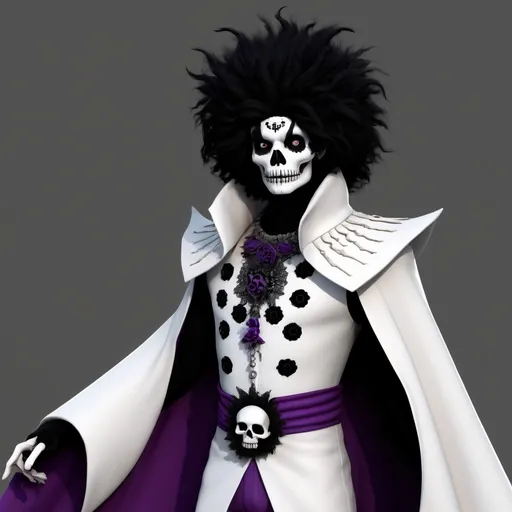 Prompt: Homestuck. Kurloz Makara. Fullbody view, plain background. Met gala, high quality render. High fashion. gray skin. Dark Carnival. Big fluffy black hair. Purple accents. Bones. Skull makeup