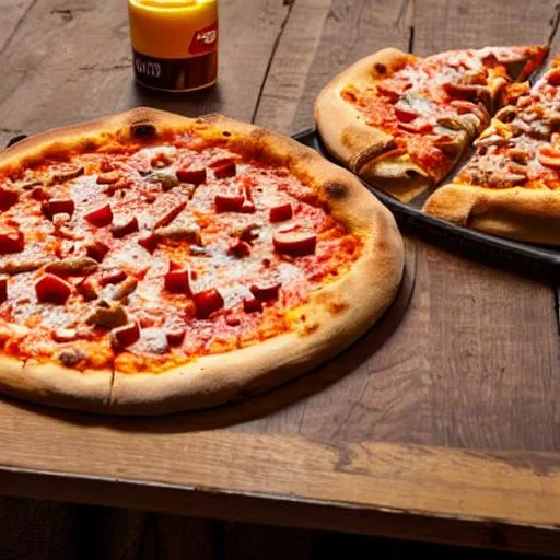 Prompt: a chiken pizza in a wood table 4k with a juice bottle


