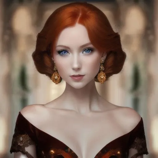 Prompt: Elegant lady with ginger hair and amber eyes