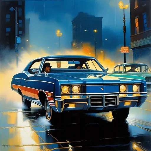 Prompt: 1970s Chicago, car chase, rain, fog, dark blue atmosphere, cartoony style, extremely detailed painting by Greg Rutkowski and by Henry Justice Ford and by Steve Henderson