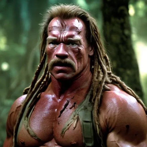Prompt: Dutch from the movie Predator played by an age 35 Arnold Schwarzenegger with a thick mustache.