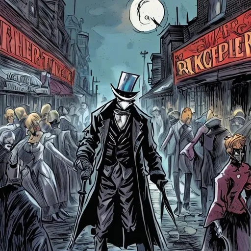 Prompt: jack the ripper with a mask  standing in the back ground of a crowd comic style with color 