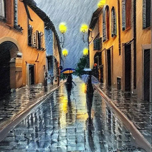 Prompt: Painting of Rainy day in italy
