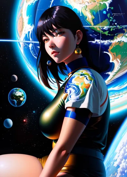 Prompt: oil painting of a colossal, giant  woman  sitting top of a miniature planet earth in space, a hyperrealistic painting by Ilya Kuvshinov, cgsociety, photorealism, ilya kuvshinov, cityscape, anime aesthetic