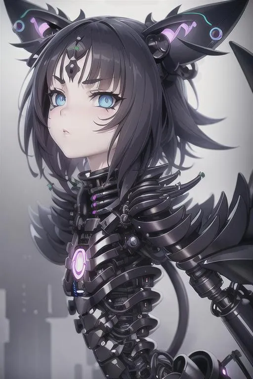 Prompt: biopunk theme, catgirl, (((exoskeleton))), (((exhaling steam))), glaring, ((surrealism)), (((whimsical))), Bokeh effect, (((octane render))), ((high poly)), beautiful face and eyes, art by tim burton