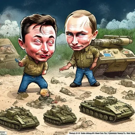 Prompt: Toddler Putin scoring points in the sandbox with little Elon Musk, "scattered, toppled, broken, burned, and smoking Ukraine toy tanks," Sergio Aragonés MAD-Magazine style