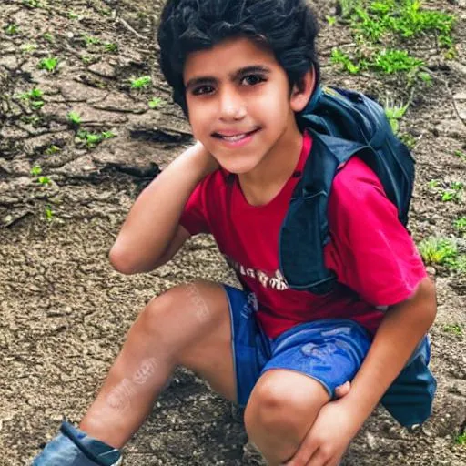 Prompt: young mexican boy with messy hair in shorts and hiker boots detailed