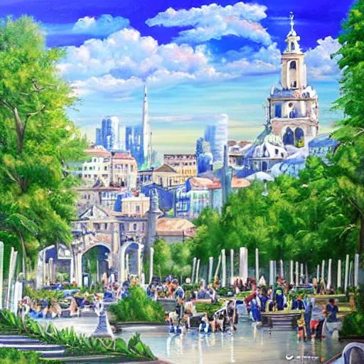 Prompt: Futuristic smooth white marble with green vegetation holy angelic Roman-Elvan cityscape background. market atop granite bridge foreground. sun at noon blue sky environment. highly detailed painting by Christian Alzmann 