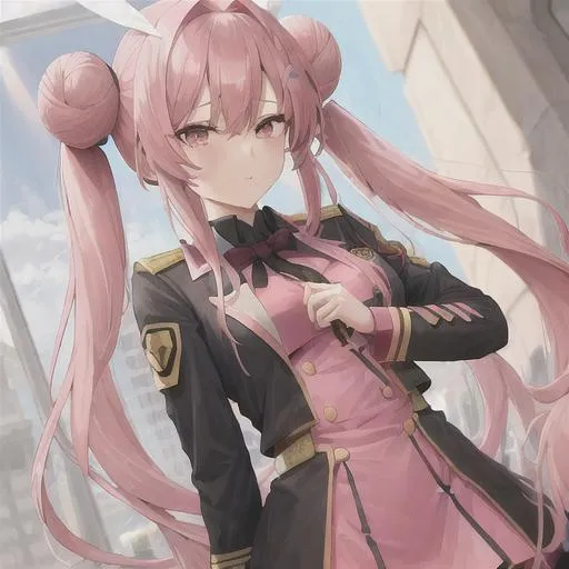Prompt: a girl with long pink hair, two buns, Eden's uniform
