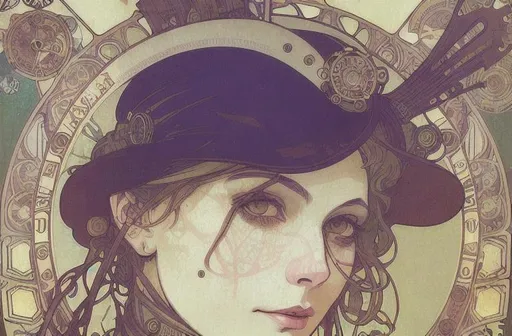 Prompt: A close portrait of a woman by Mucha steampunk