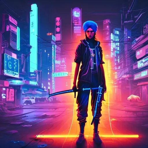 Prompt: Sikhgirl with sword in cyberpunk neon light art 