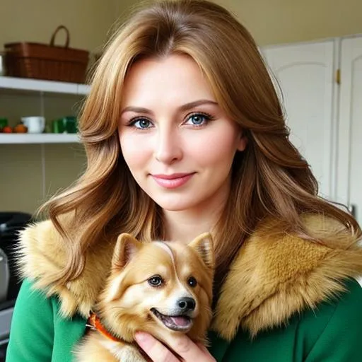 Prompt: A beautiful russian woman with sandy blonde brown hair, mother, age=47, attractive, green eyes, veterinarian, russian spitz