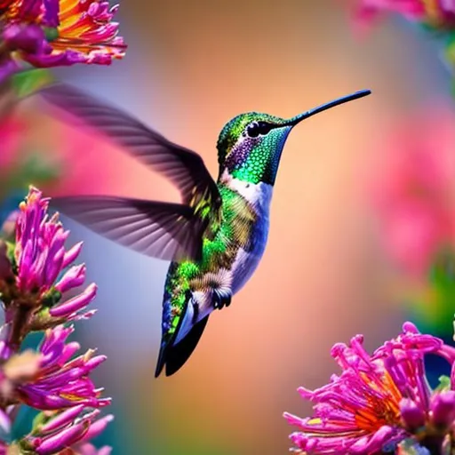 Prompt: hummingbird flying to a flower, colorful background with plants and trees, warm sunlight