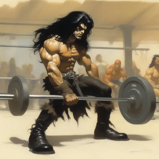 Prompt: a manecing skinny white guy with a long black hair using black boots at the gym drawing by frank frazetta
