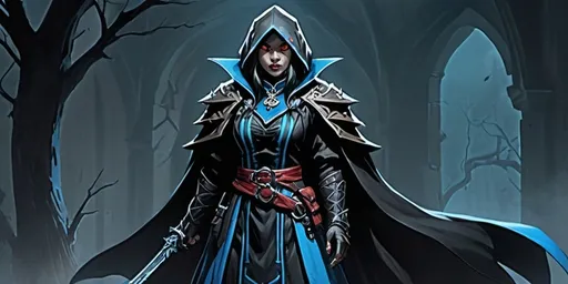 Prompt: dungeons and dragons female yuan-ti pureblood assassin, fangs, standing, in black cloak with blue trim