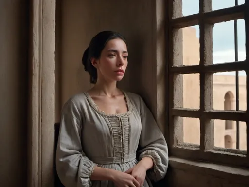 Prompt: Ana de Mendoza, imprisoned in her opulent but confining palace in Pastrana, wearing simple yet dignified clothing, reflecting on her fate through a barred window, with the austere and restrained interior of her confinement as the backdrop, capturing a sense of isolation and restrained grandeur, hyper-realistic, photo realism, cinematography --ar 9:16"