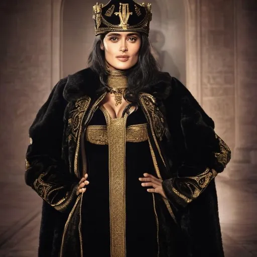 Prompt: salma hayek, tall, athletic, king, emperor, black robe with gold details, fur black ushanka jeweled