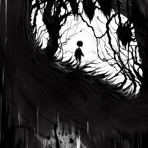 Prompt: "a monster calls!!!", negative black and white Speedpaint with large brush strokes by , Junji Ito, Ismail Inceoglu, , Gazelli, M.W. Kaluta, richard anderson, paint splatter, white ink, a masterpiece, 8k resolution, trending on artstation, horror, terrifying, highly detailed and intricate