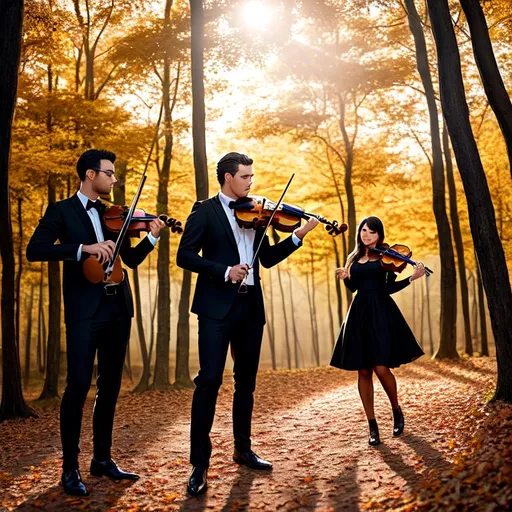 Prompt: Chad men and cute woman, classically dressed, black outfit playing ((violin)) outside, in a forest, autumn, light, dusk