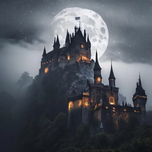 Prompt: foggy intricate gothic castle on a mountain top under the full moon moody dark setting 