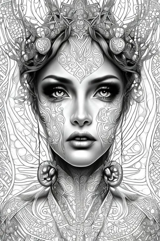 Prompt: coloring page , black and white  of beautiful fantasy goddess,  clear facial features, flat beauty lighting,  fine lines, framed in floating bubbles all around, fantasy, smooth lines, beautiful , dreamy,  light image, light background, head and shoulders, sharp focus