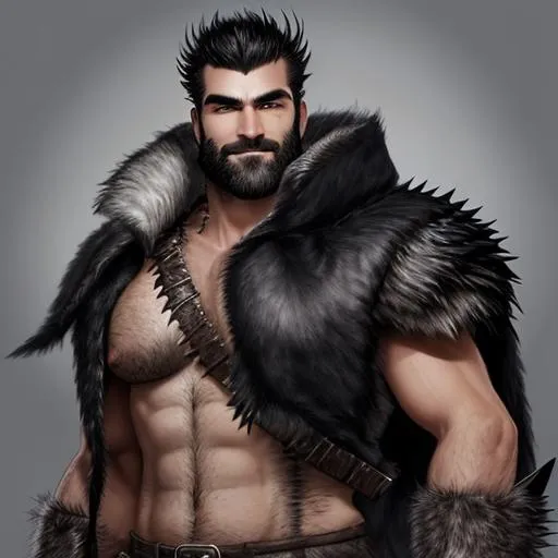 Prompt: Robust man in his 30s. Spiky black hair, thick eyebrows, lots of body hair. Wears a wolf skin coat over the body, striking smile. Square cheese. Artwork inspired by a barbarian warrior. RPG Fantasy