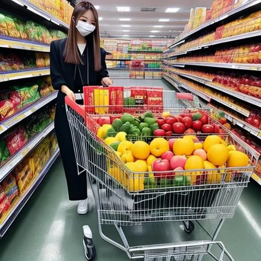 Prompt: Lalisa Manoban shops at the Asian supermarket with her cart full of groceries