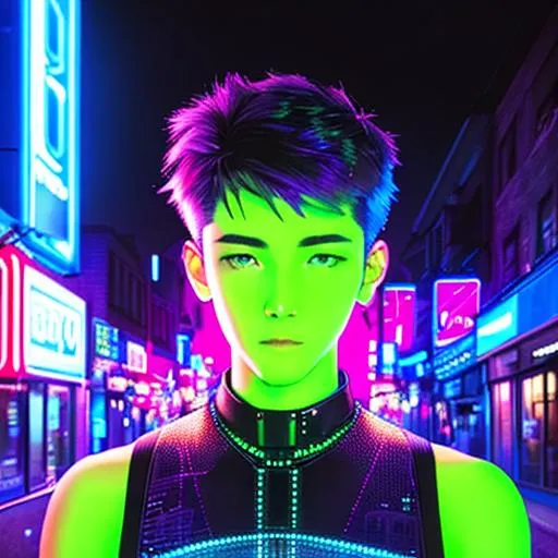 Prompt: [award winning photo portrait of a 19 year old boy standing outside a green and blue cyberpunk neon city street, wearing black flowy dress:award winning photo of a cyborg, bundle of glowing fiber optic cables:0.2], epic realistic, art, (hdr:1.2), (muted colors:1.2), pastel, hyperdetailed, (artstation:1.5), cool lights, dramatic light, (intricate details:1.2), vignette, complex background