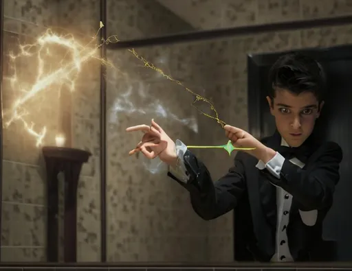 Prompt: 13 year old boy in a tuxedo casting a magic spell on someone inside a bathroom stall from the outside of the stall with a magic wand. Don’t show the person inside the stall. Only show the boy in his tuxedo casting the magic spell with his wand, and the bathroom stall with magic from the spell spewing everywhere out of the top