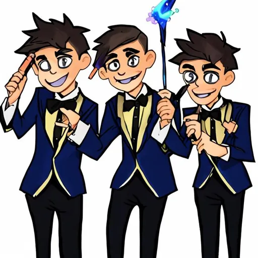 Prompt: Three 13-15 year old magic brothers in tuxedos having a bit too much fun casting magic spells together with there magic wands