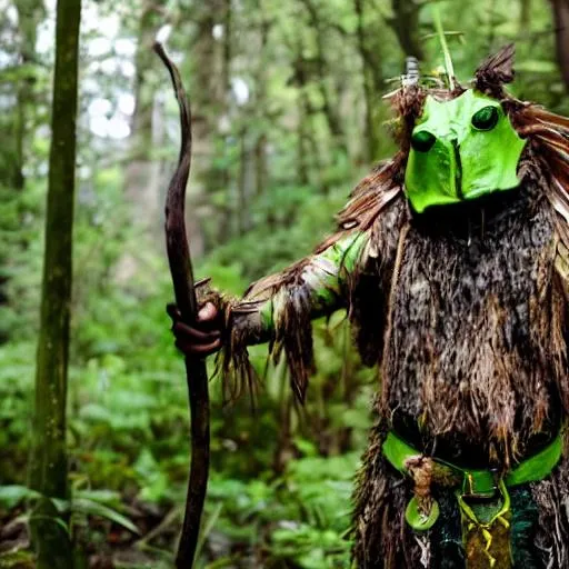 Prompt: green humanoid with froglike head, holding a spear, wearing a brown tunic,  feathered headdress, standing in a swamp, d&d style


