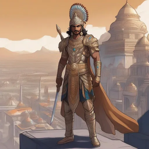 Prompt: Whole figure. Full body. A scifi indian warrior from Mahabharata. He wears an armor. He wears a Turbant. He wields a sword. In background a scifi indian city. Rpg art. 2d art. 2d. Well draw face. Detailed. 