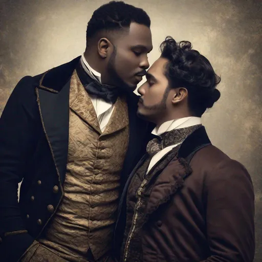 Prompt: Diverse handsome chubby male couple, kiss, sensual ragged Victorian clothes, dynamic lighting, distressed Old London background, ultra realistic, old photo filter, side diagonal view, aerial top down view

