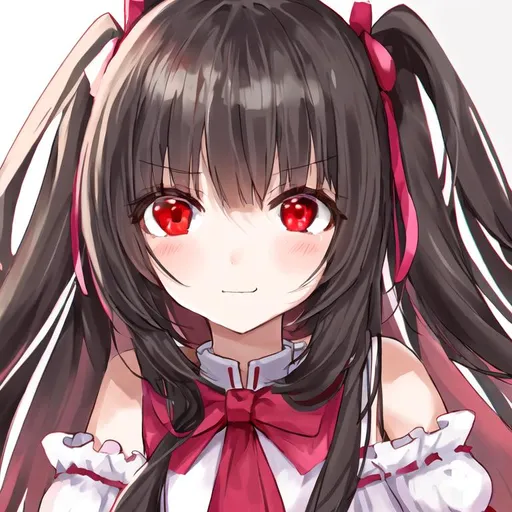 Prompt: Portrait of a cute girl with red eyes wearing a white and pink dress 