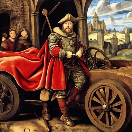 Prompt: Medieval merchant driving a sportscar, dressed in velvet and brocate, oil painting, 16th century
