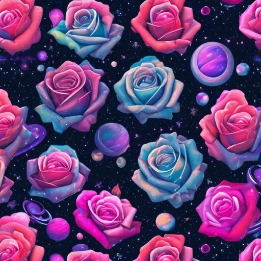 Prompt: Moody roses in outer space in the style of Lisa frank