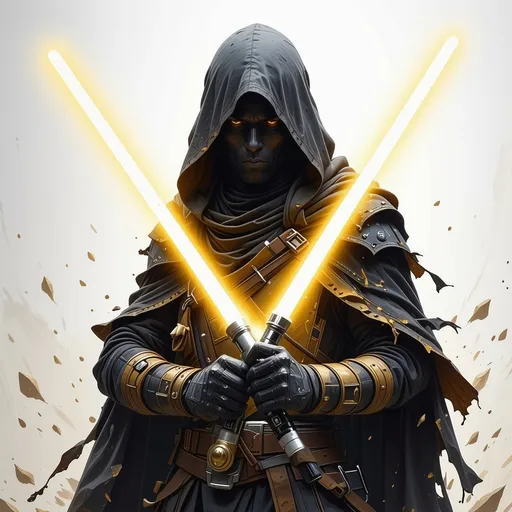 Prompt: Darkly hooded assassin wielding dual yellow lightsabers