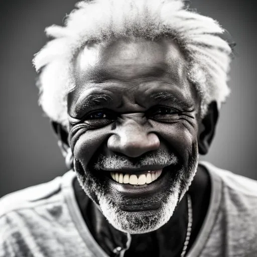 Prompt: A photo of an poor black old man with white haired wide smiling, black and white, hd, 4k, ultra realistic.