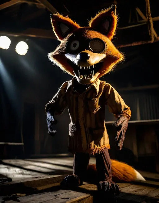 Prompt: A creepy animatronic fox with an eyepatch, hook hand, and toothy grin poses on an abandoned stage. Foreboding shadows surround it. Dusty beams of light shine down from rafters above. Shot on Fuji GFX with a wide angle lens for an ominous mood. Gritty, sinister, and unsettling in the style of Five Nights at Freddy's. 