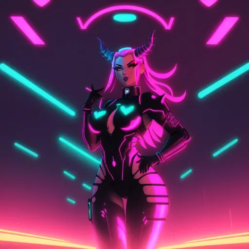 Prompt: a beautiful female demon in a dynamic pose in a retro futuristic synthwave cyberpunk neon paradise.  neon lighting, high quality, beautiful, synthwave, cyber, retro, futuristic