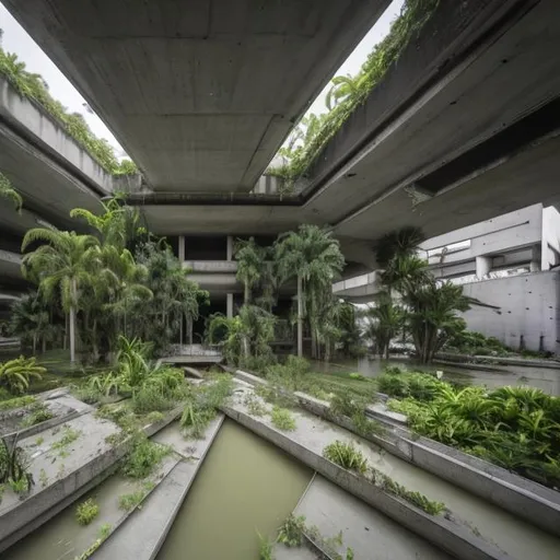 Prompt: wide angle shot of concrete brutalist architecture, flooded and overrun by plants 