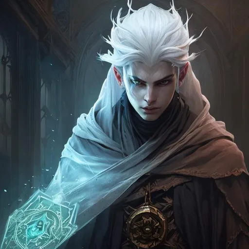 Prompt: young shadow mage male, white hair, shrouded face, deep focus, d & d, fantasy, intricate, elegant, highly detailed, digital painting, artstation, concept art, matte, sharp focus, illustration, hearthstone, art by artgerm and greg rutkowski and alphonse mucha