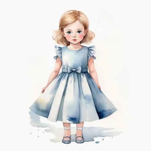 Prompt: young girl, elegant children's dress, standing straight, arms to the sides, paper doll, watercolor,